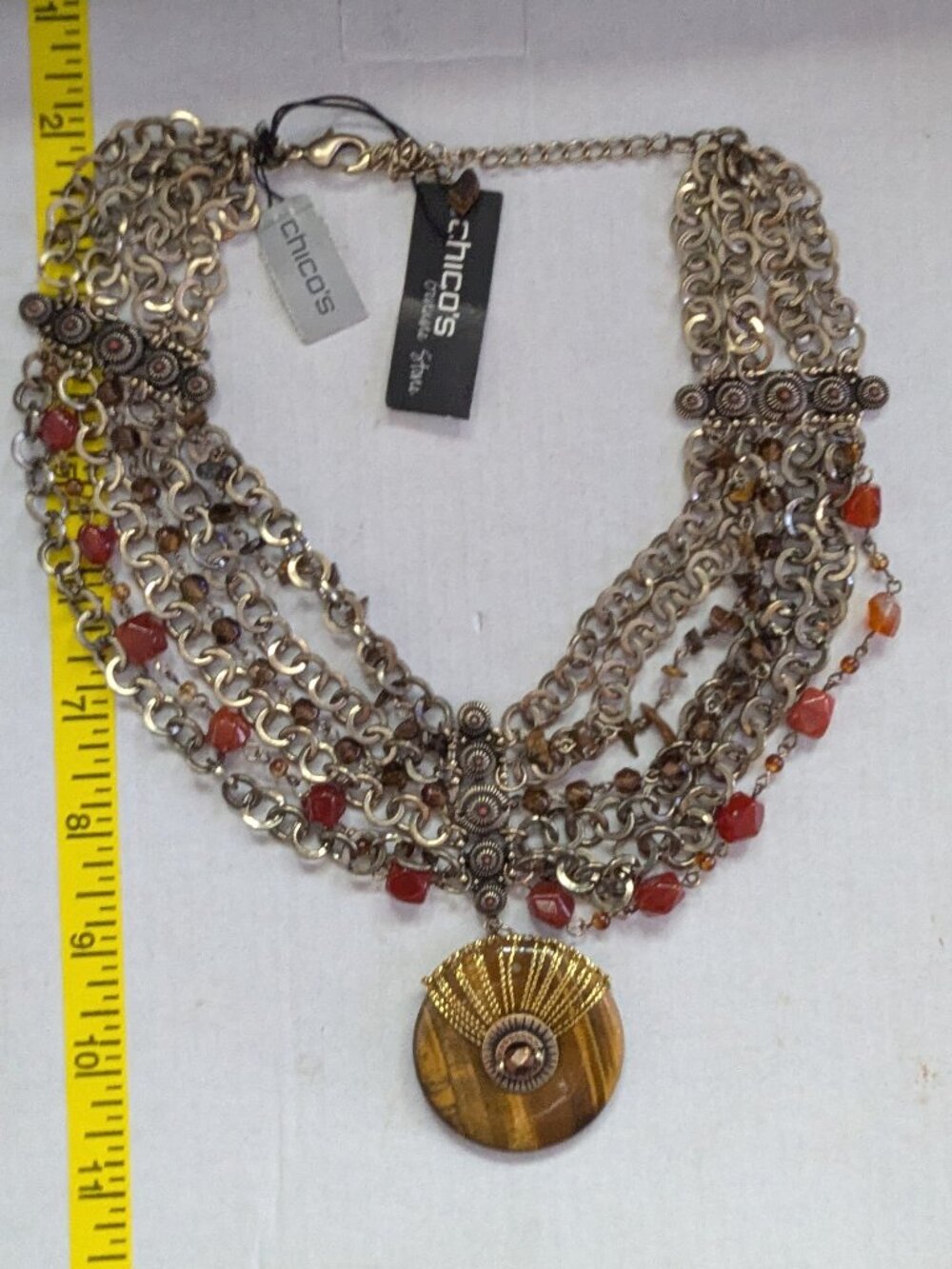 CHICO'S Antique Gold Tone Round Tiger's Eye Pendant Agate Multi Strand Necklace